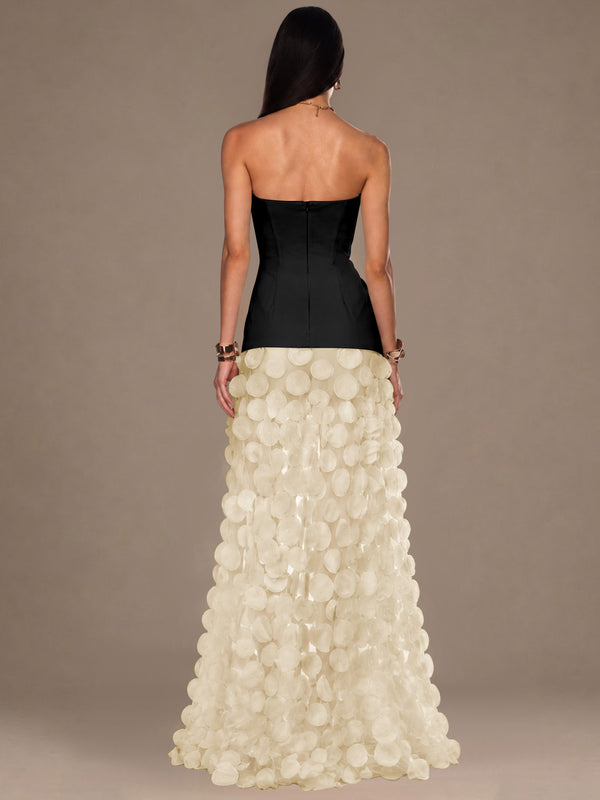 Strapless Contrast 3D Circle Applique Maxi Evening Gown