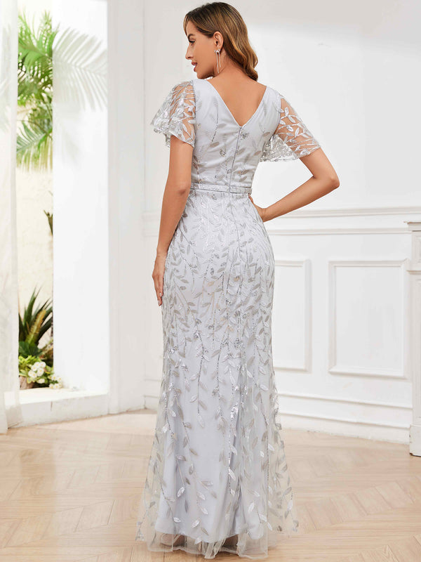 V-Neck Mermaid Sequin Mother Of The Bride Dress With Short Sleeves
