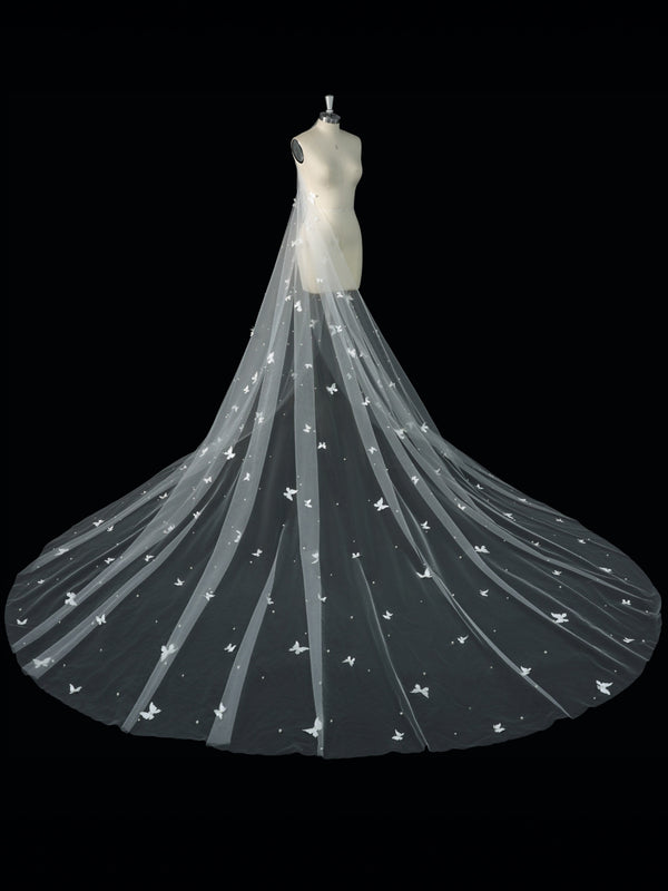 Cathedral Length Wedding Veil with 3D Butterflies & Pearl Accents