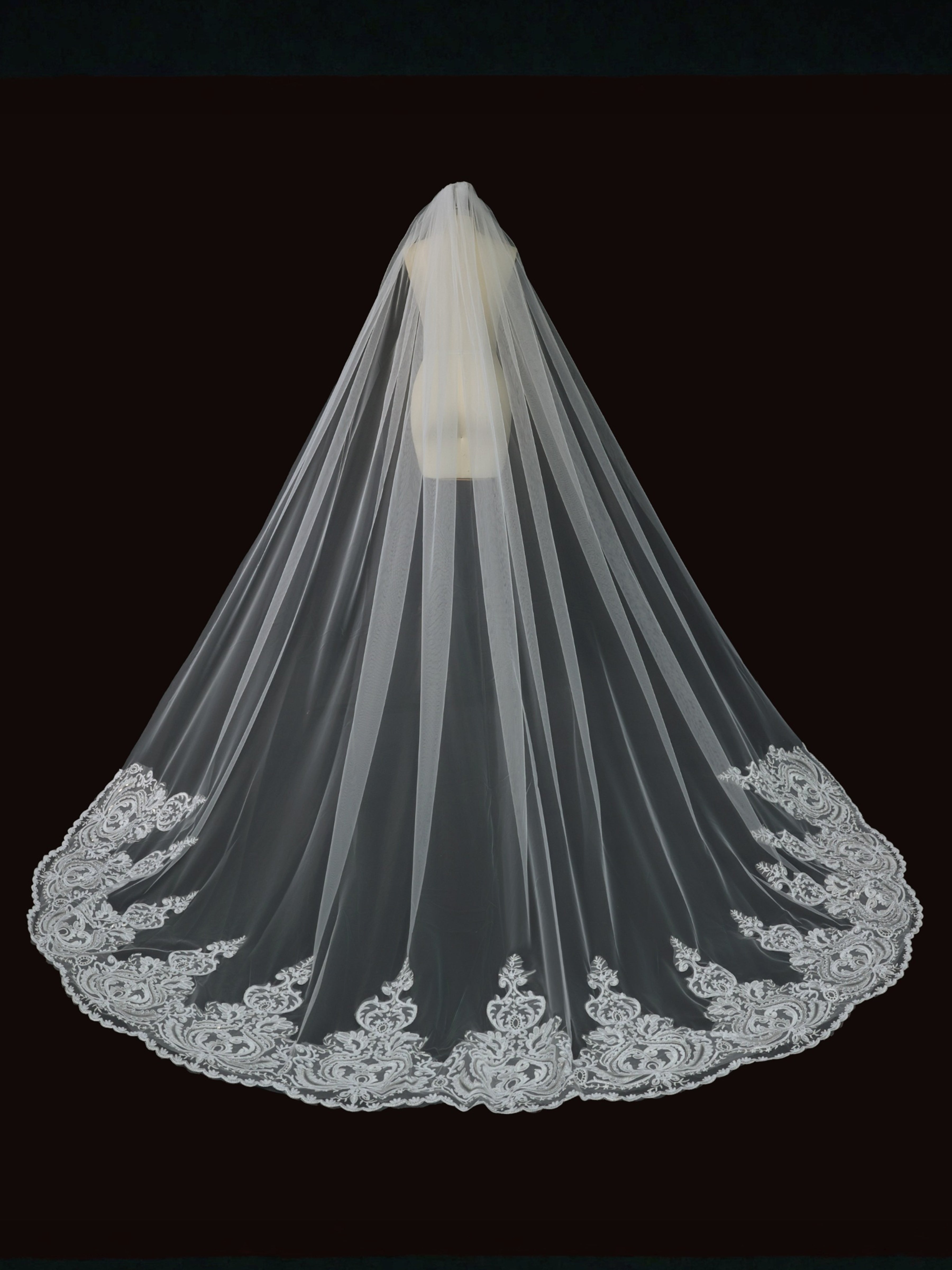 ROVDESY Two-Tier Cathedral Wedding Veil with Vintage Baroque Lace Hem & Metal Comb