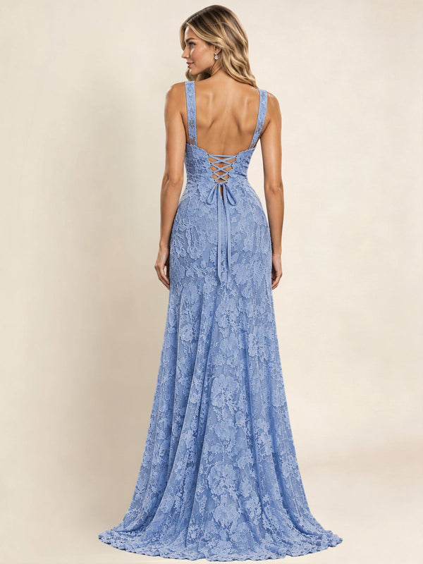 Square Neck Floral Embroidery Mermaid Formal Prom Dress with Slit