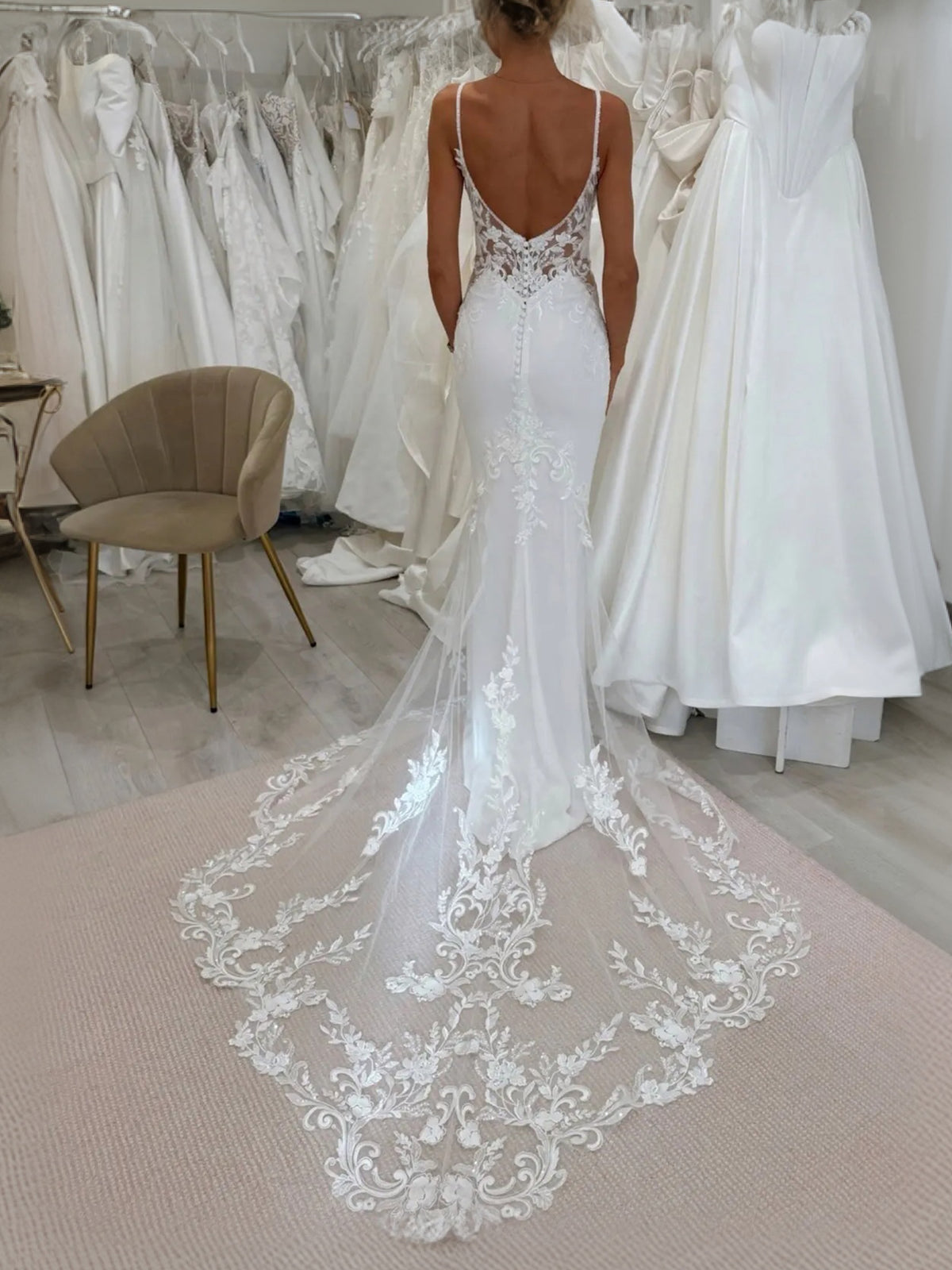 Spaghetti Straps Deep V Neck Lace Mermaid Wedding Dress Bridal Gown