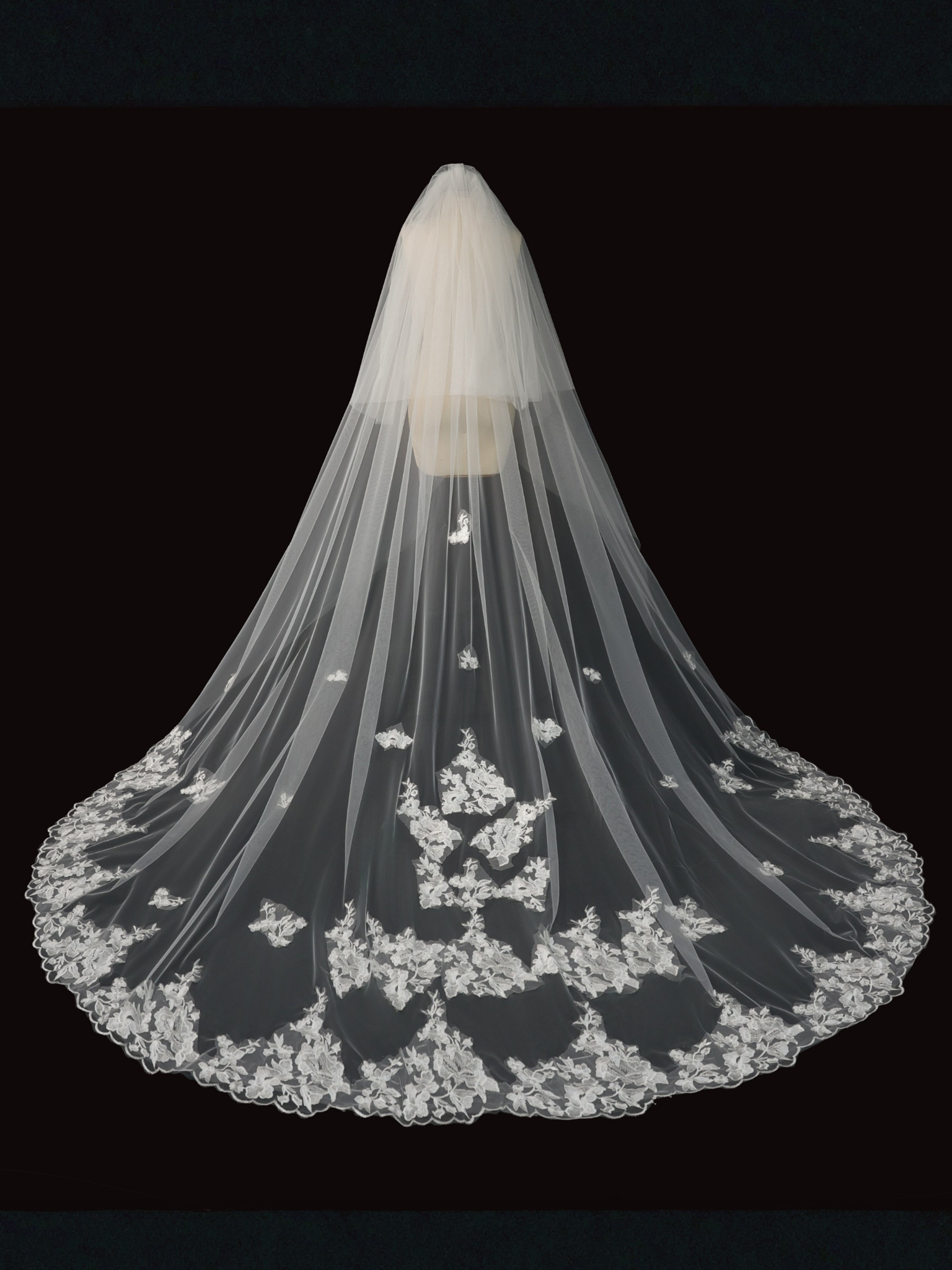 ROVDESY Two-Tier Cathedral Wedding Veil with Scattered Floral Lace Applique & Lace Hem