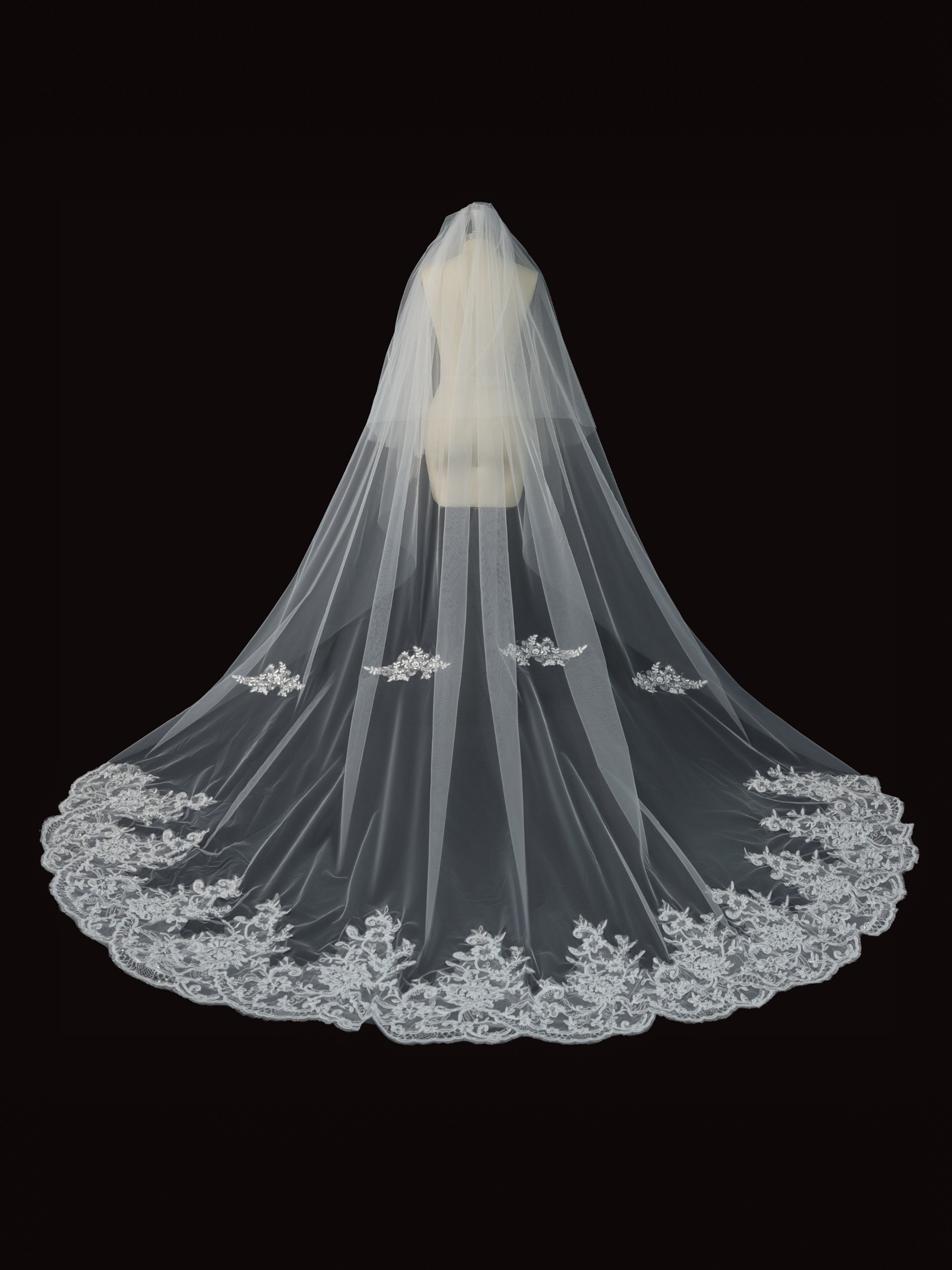 ROVDESY Two-Tier Cathedral Wedding Veil with Sequined Floral Lace Applique