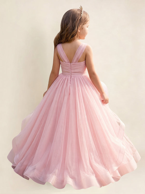 A-Line V-Neck Tulle Flower Girl Dress With Sleeveless Long Ball Gown Dress