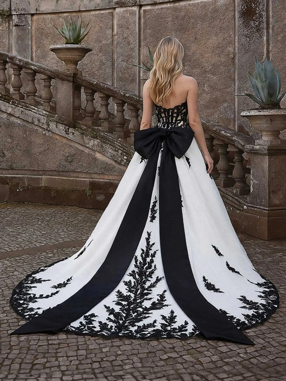 Strapless Sweetheart Black Floral Lace Ball Gown Wedding Dress With Bow