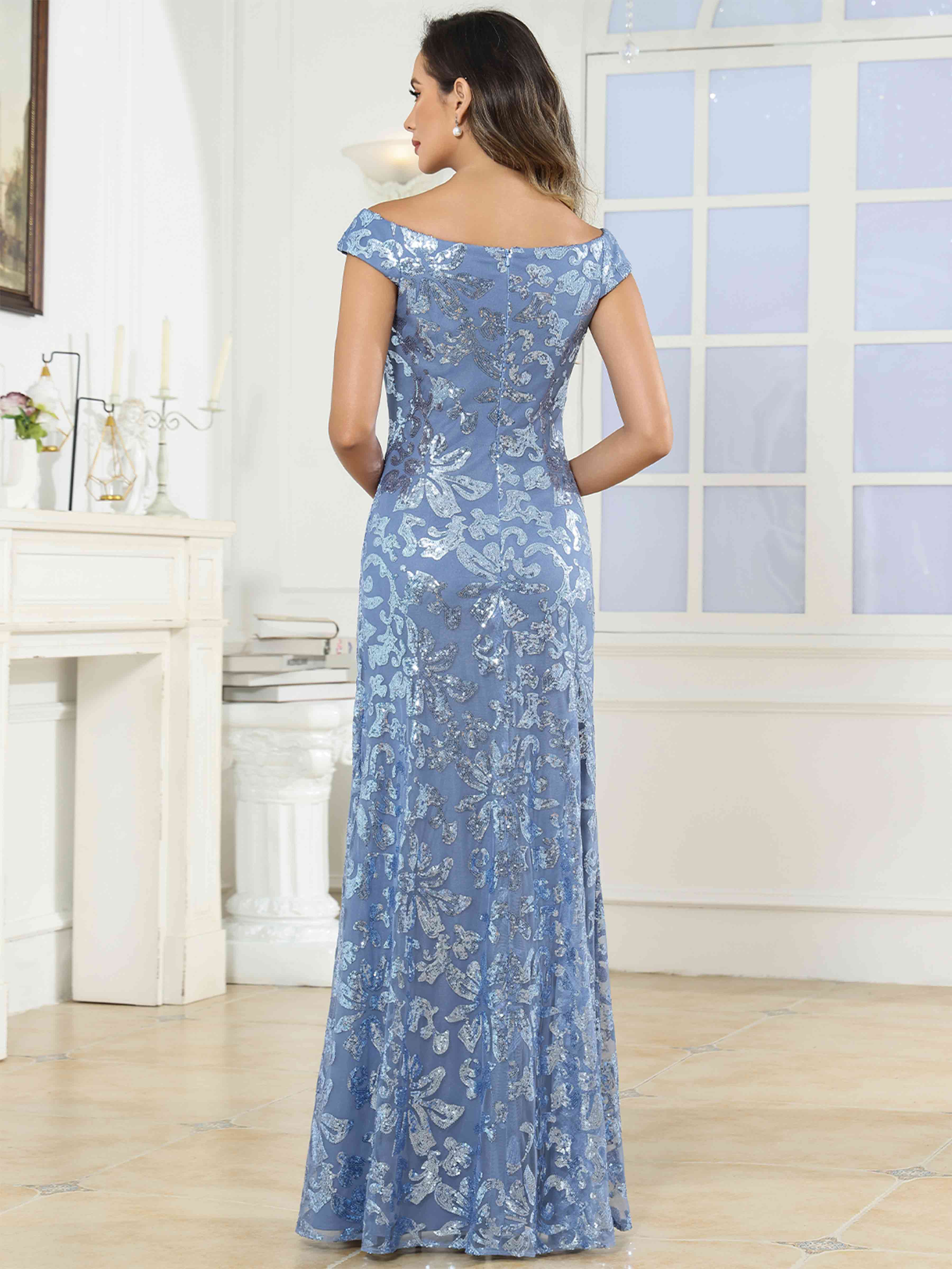 ROVDESY Off-The-Shoulder Mermaid Sequin Mother Of The Bride Dress Formal Gown