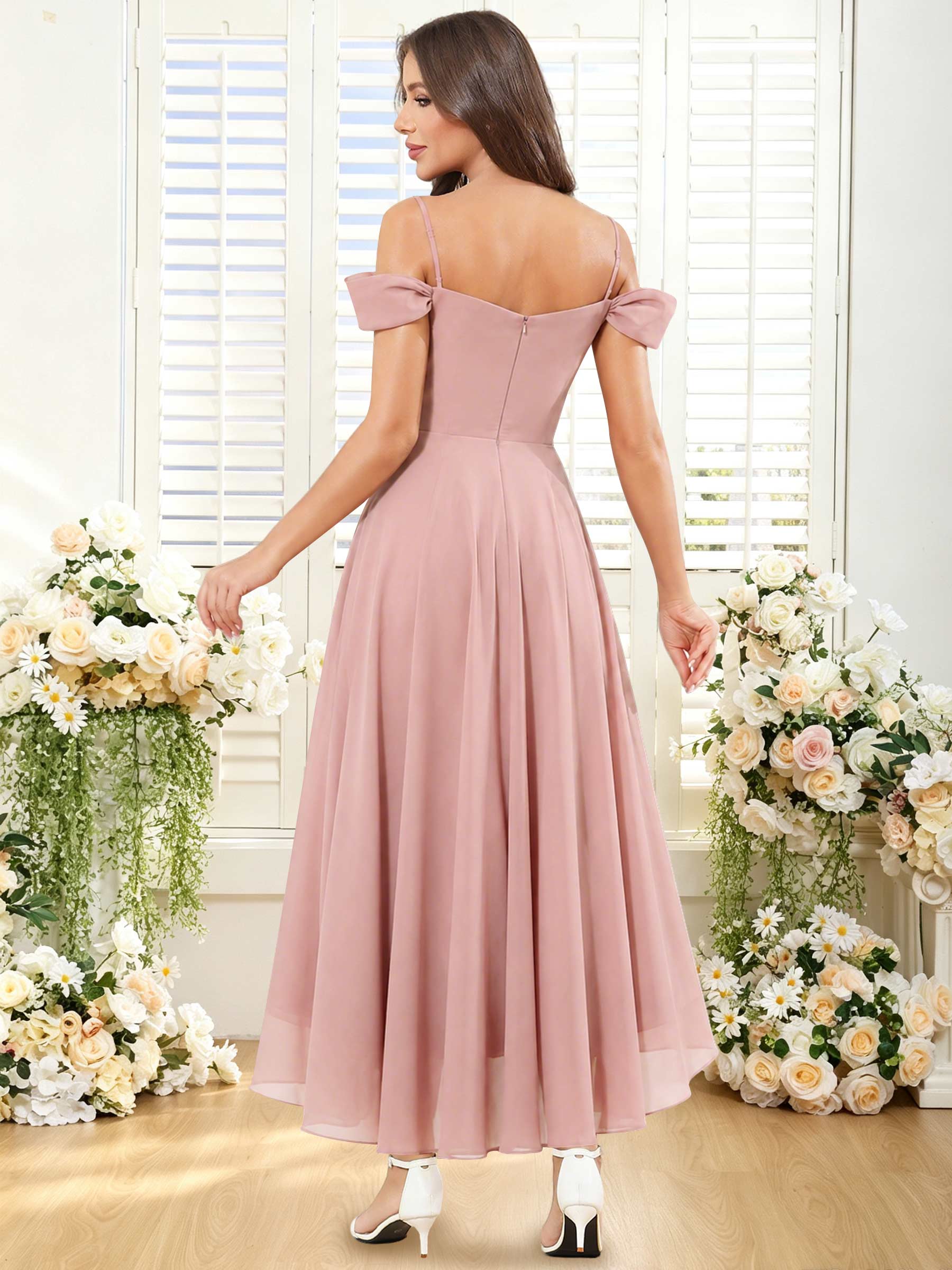 ROVDESY ROVDESY Short Cold Shoulder Sweetheart High Low Pleated Chiffon Bridesmaid Dress