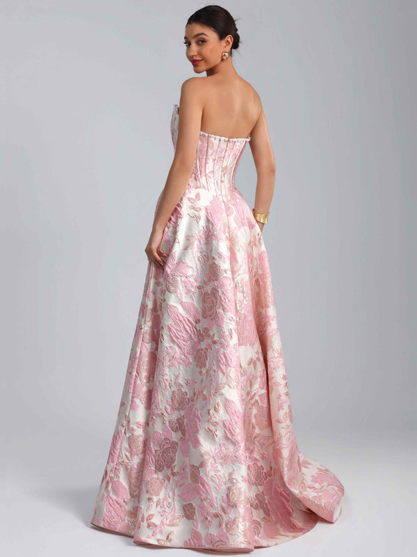 A-Line Strapless Jacquard Satin Prom Dress Long Ball Gown