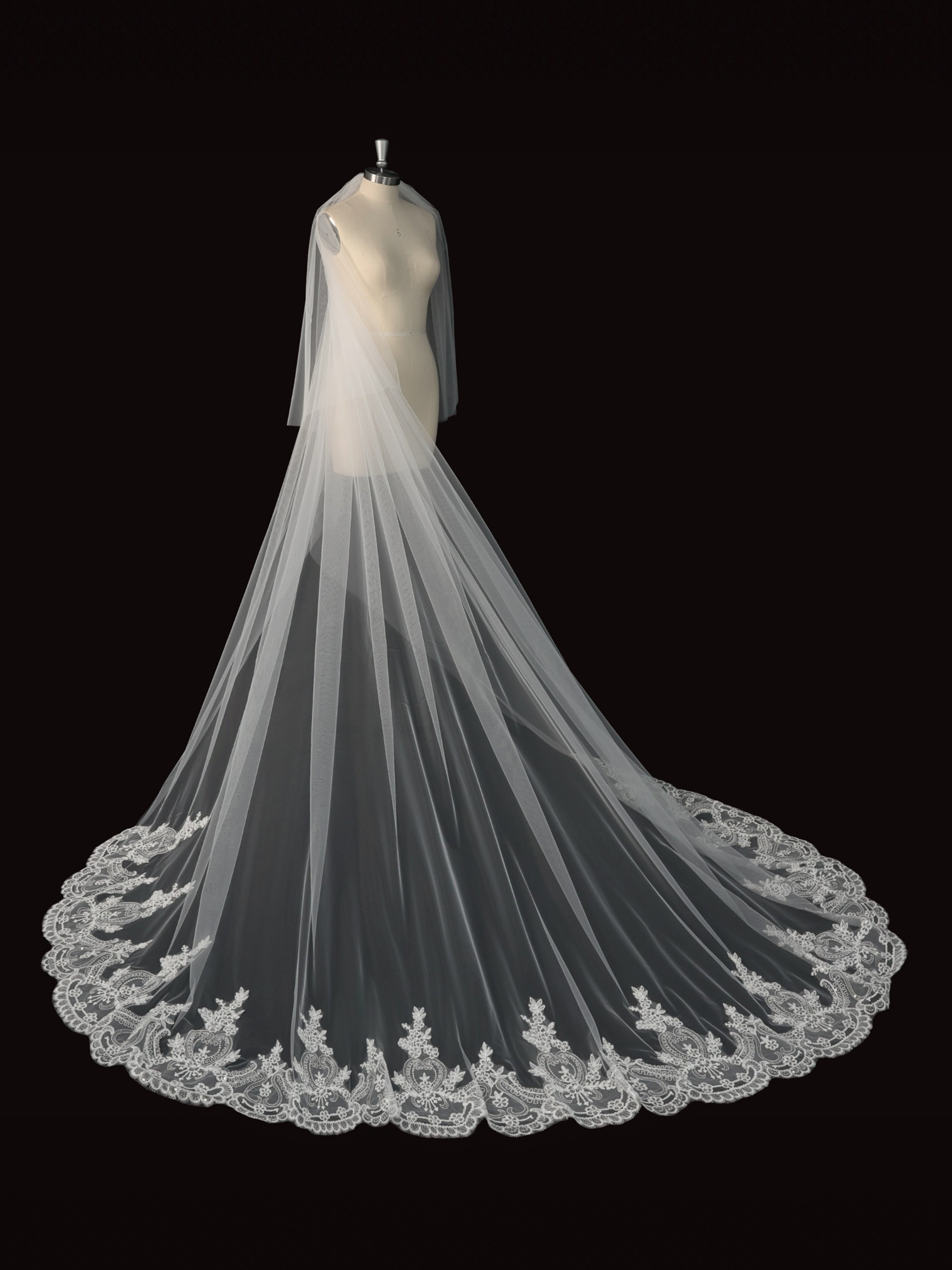 ROVDESY Two-Tier Cathedral Wedding Veil with Vintage Floral Lace Trim & Metal Comb