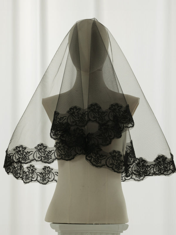 Single Tier Fingertip Length Black Floral Lace Bridal Veil