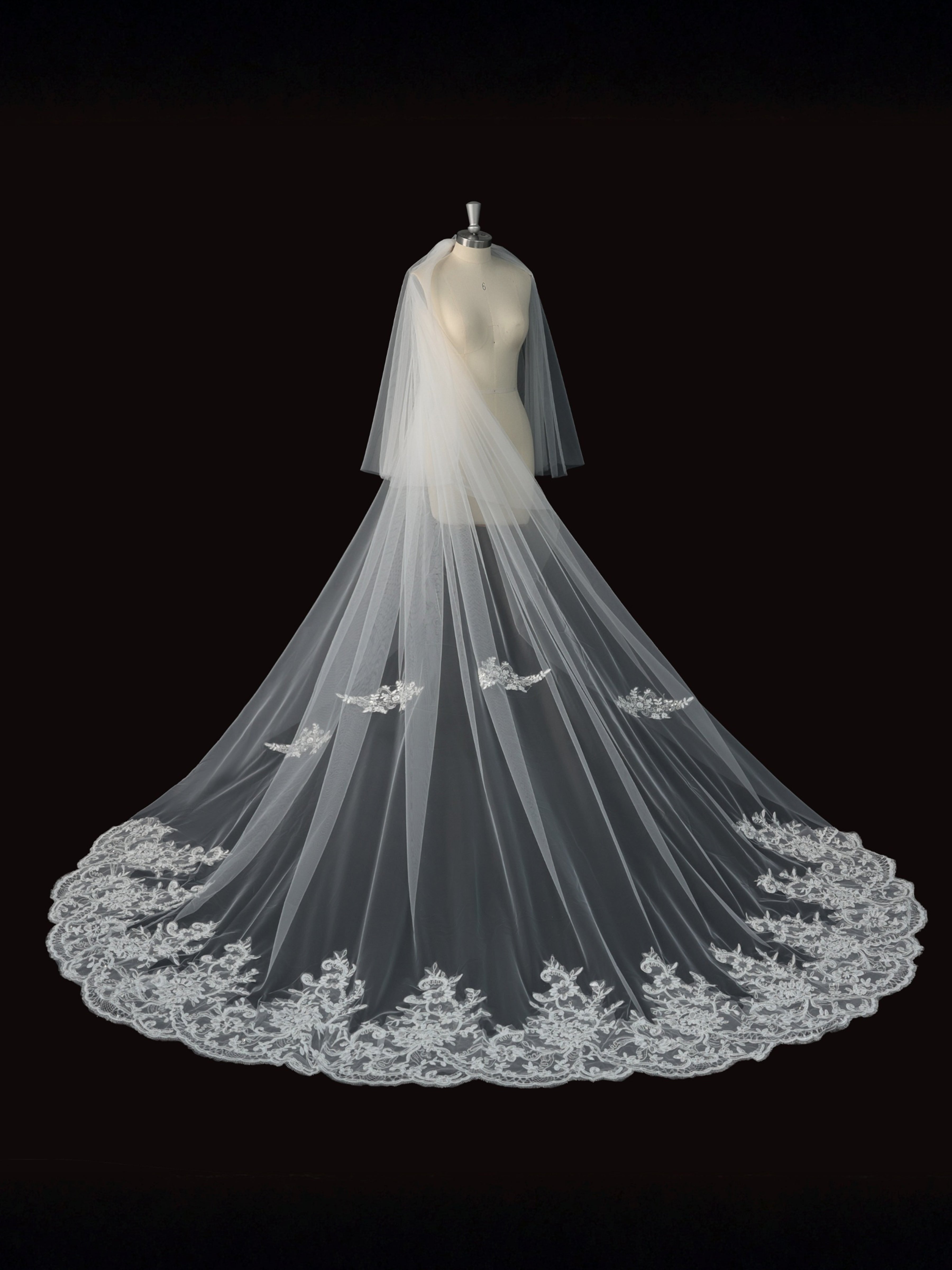 ROVDESY Two-Tier Cathedral Wedding Veil with Sequined Floral Lace Applique