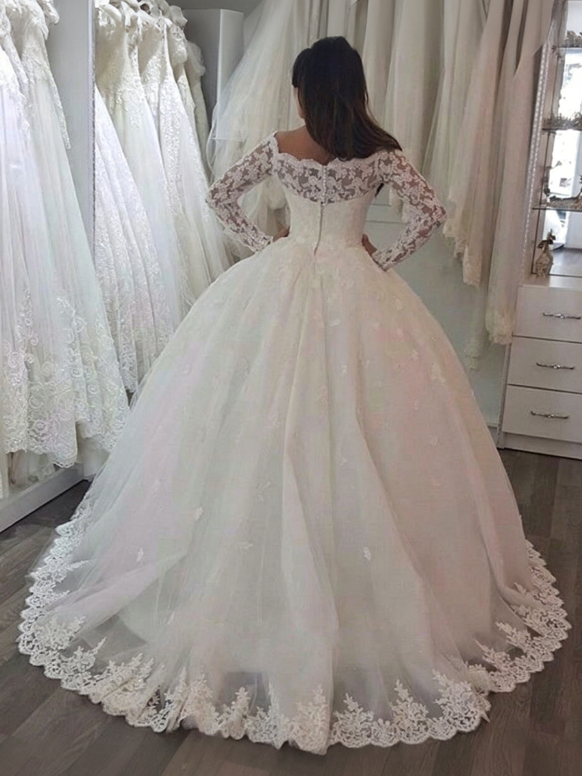 Off The Shoulder Long Sleeve Lace Ball Gown Wedding Dress Bridal Gown