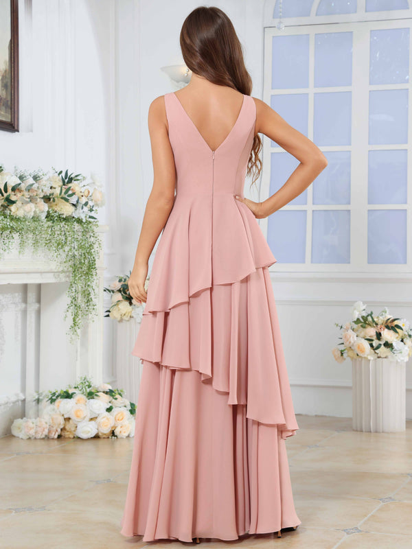 Long Sleeveless V-Neck Tiered Pleated Chiffon Bridesmaid Dress