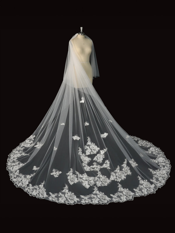 Two-Tier Cathedral Wedding Veil with Scattered Floral Lace Applique & Lace Hem