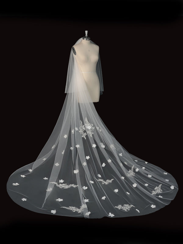 Two-Tier Cathedral Wedding Veil with 3D Fabric Flowers & Floral Lace Applique
