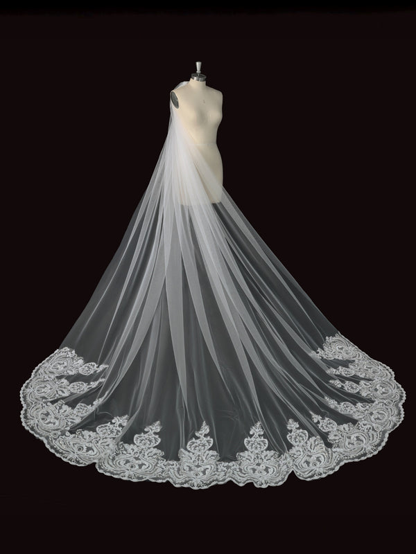 Two-Tier Cathedral Wedding Veil with Vintage Baroque Lace Hem & Metal Comb