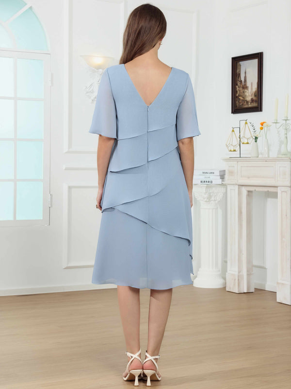 Knee Length Tiered Ruffle Chiffon Mother Of The Bride Dress With Half Sleeves