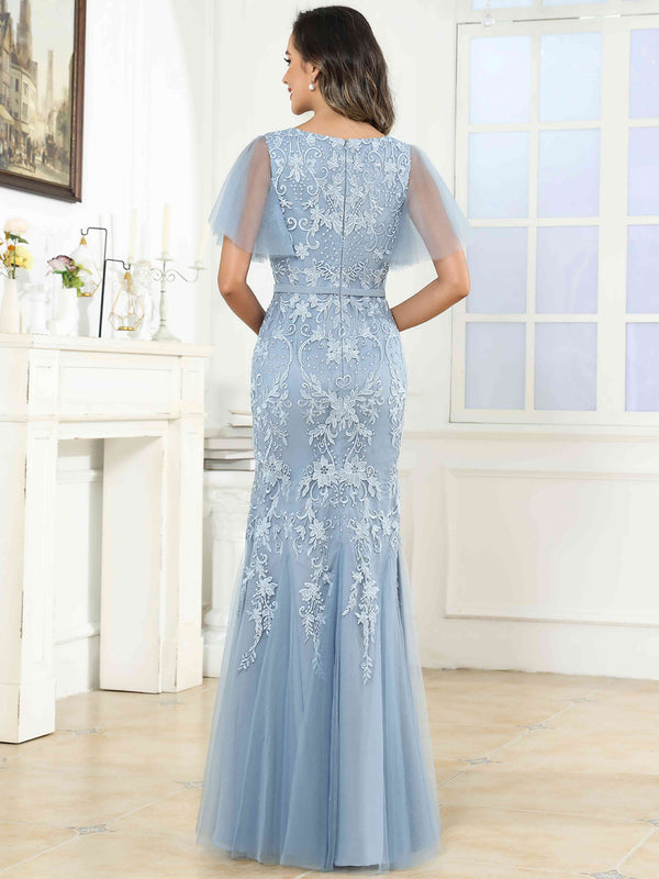 Elegant V-Neck Lace Mermaid Long Mother Of The Bride Dress Formal Gown With Sleeves