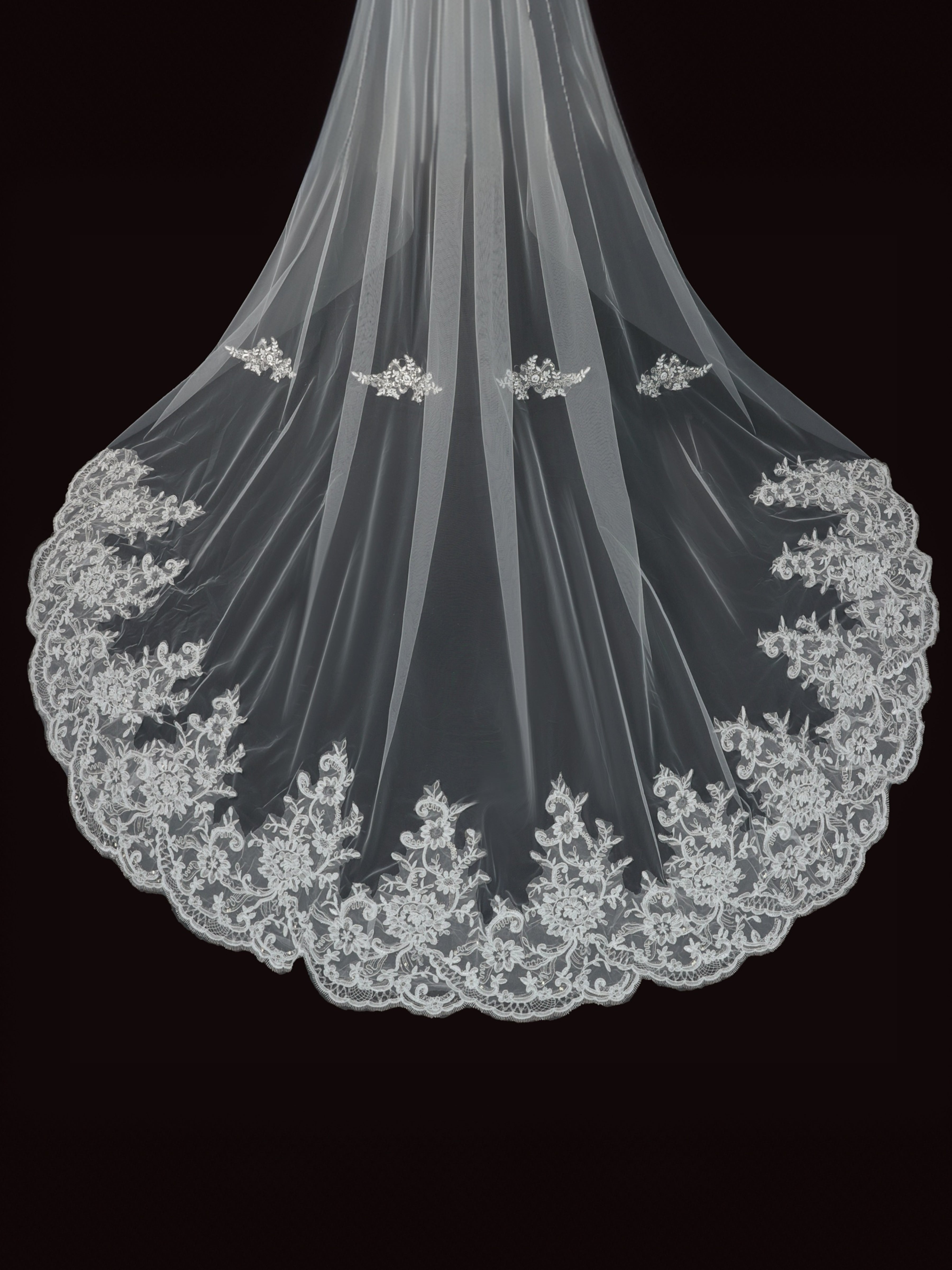ROVDESY Two-Tier Cathedral Wedding Veil with Sequined Floral Lace Applique