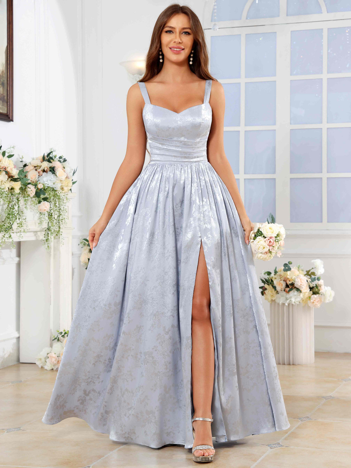 ROVDESY A-Line Spaghetti Straps Pleated Jacquard Satin Bridesmaid/Prom Dress With Slit