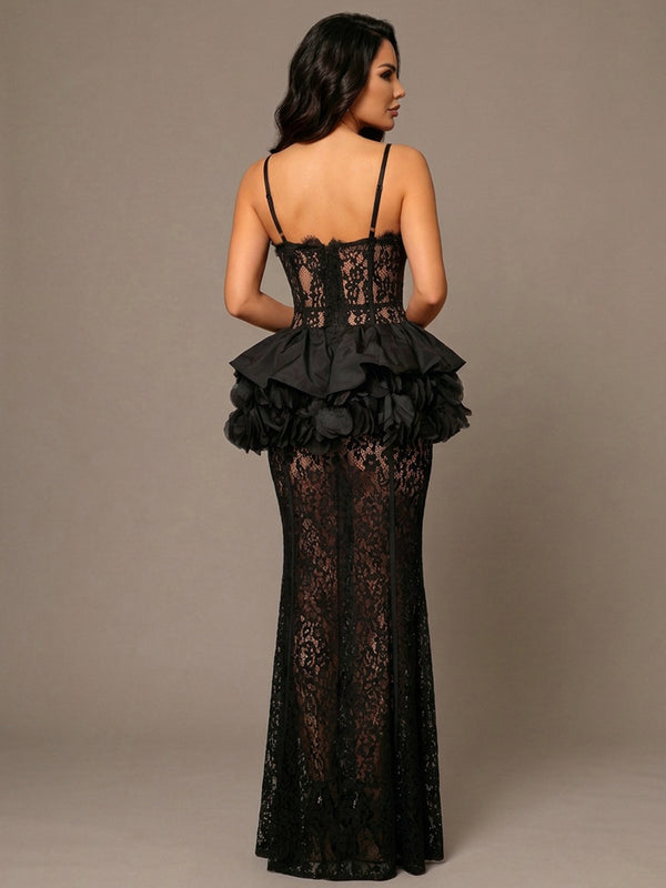 Spaghetti Strap Lace Corset Mermaid Gown with Tiered Ruffle Peplum