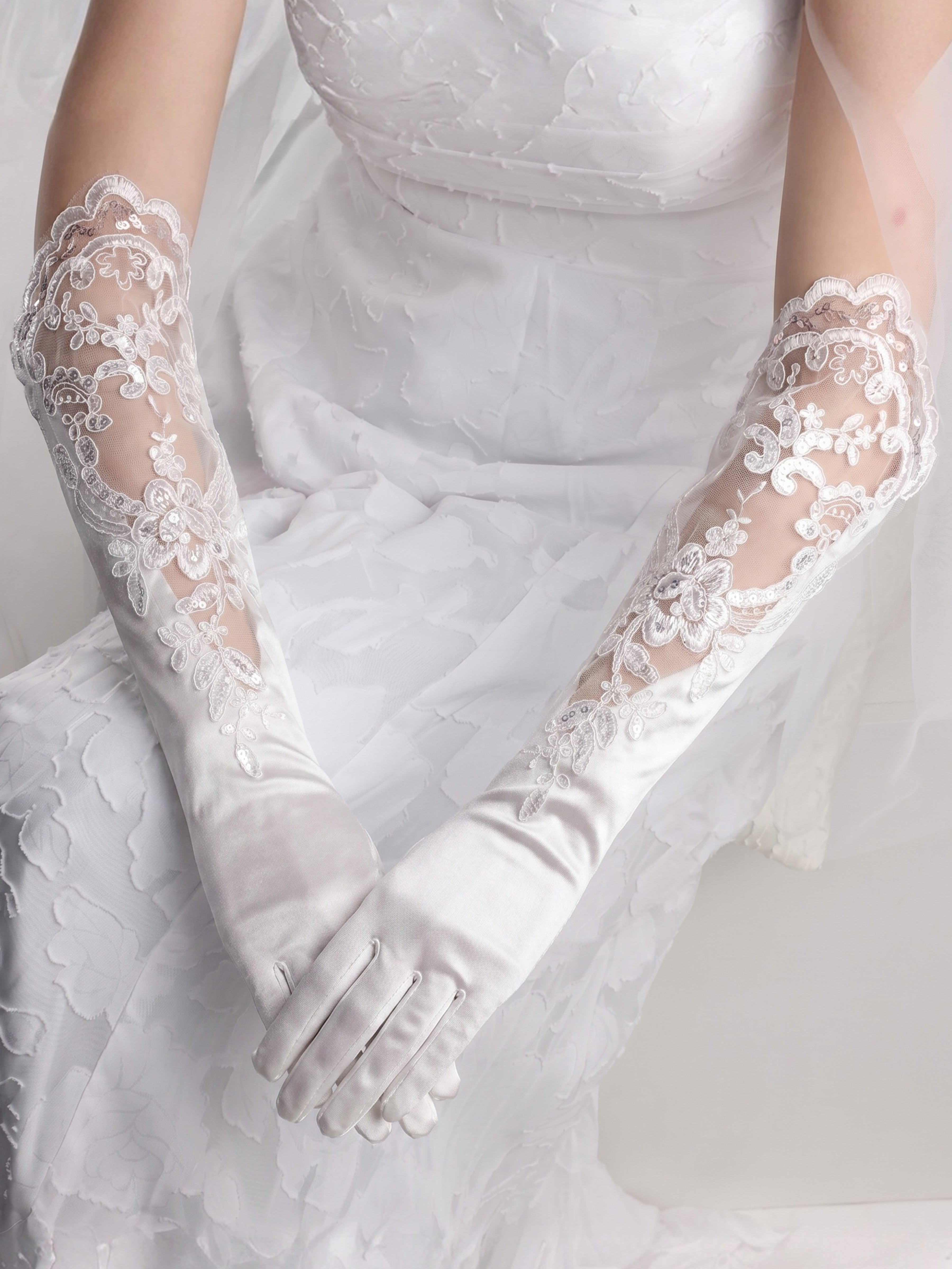 ROVDESY Vintage Embroidered Satin Wedding Gloves