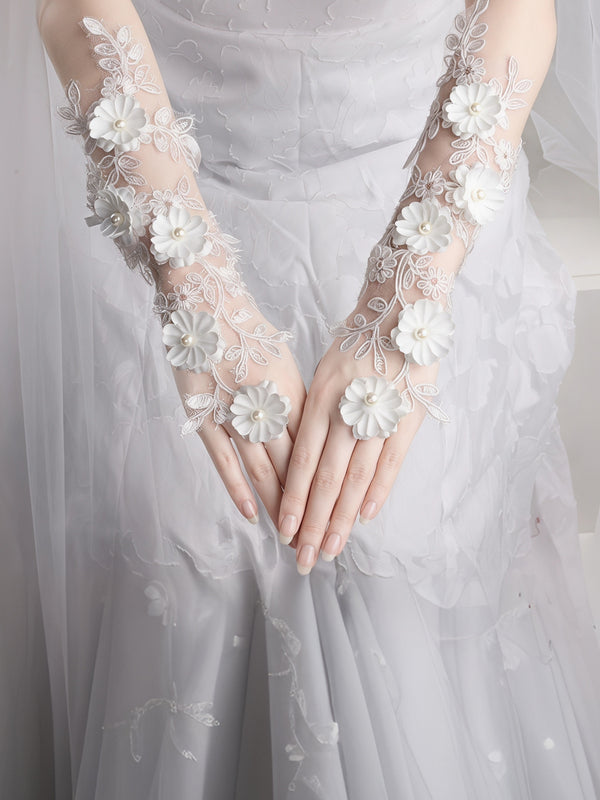 Delicate 3D Floral Lace Sheer Bridal Gloves with Pearl Details
