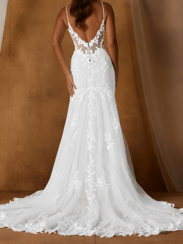 Spaghetti Strap Deep V Neck Floral Lace Mermaid Wedding Dress Bridal Gown