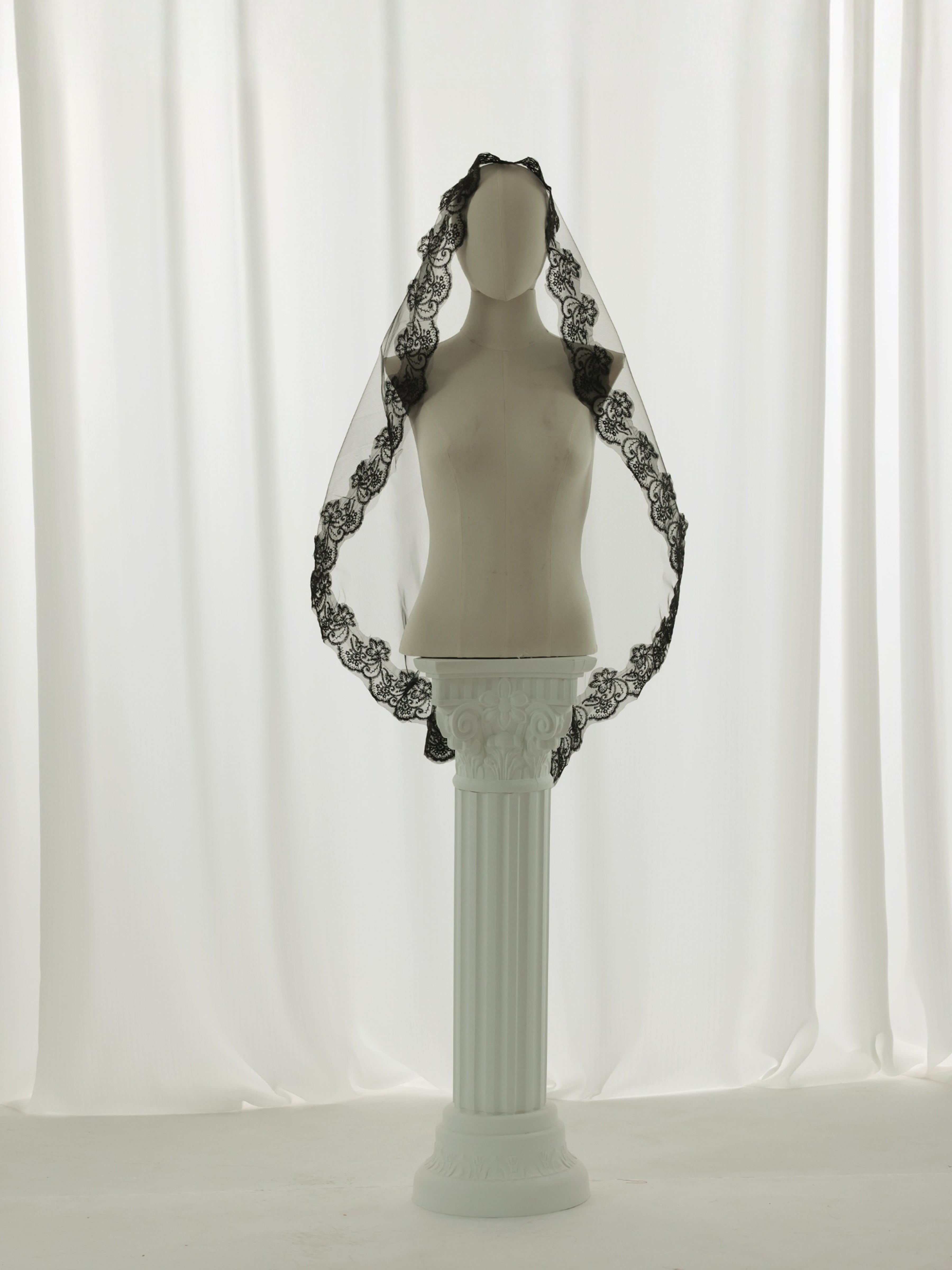 ROVDESY Single Tier Fingertip Length Black Floral Lace Bridal Veil