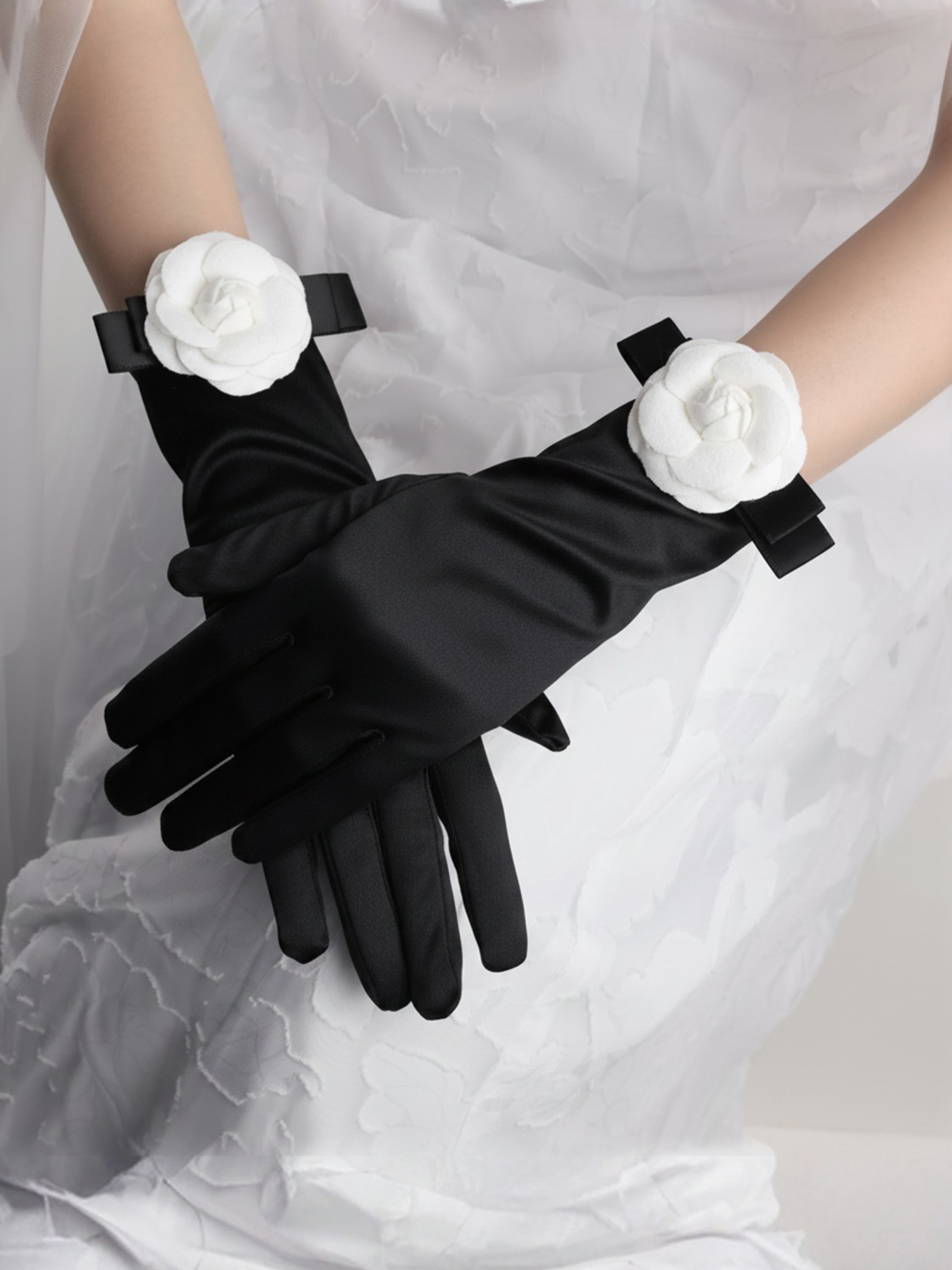 ROVDESY Black Satin Opera Gloves with White Camellia Flower Accent