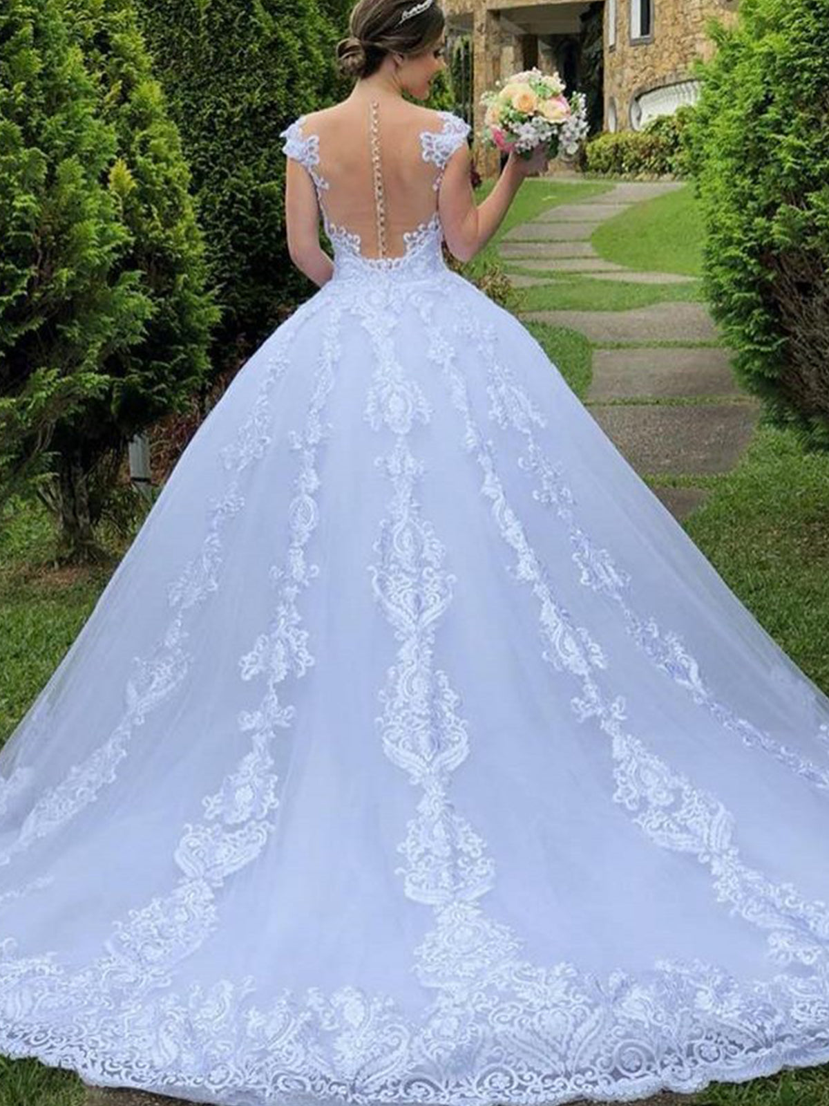 Cap Sleeve Illusion Lace Applique Ball Gown Wedding Dress for Bride