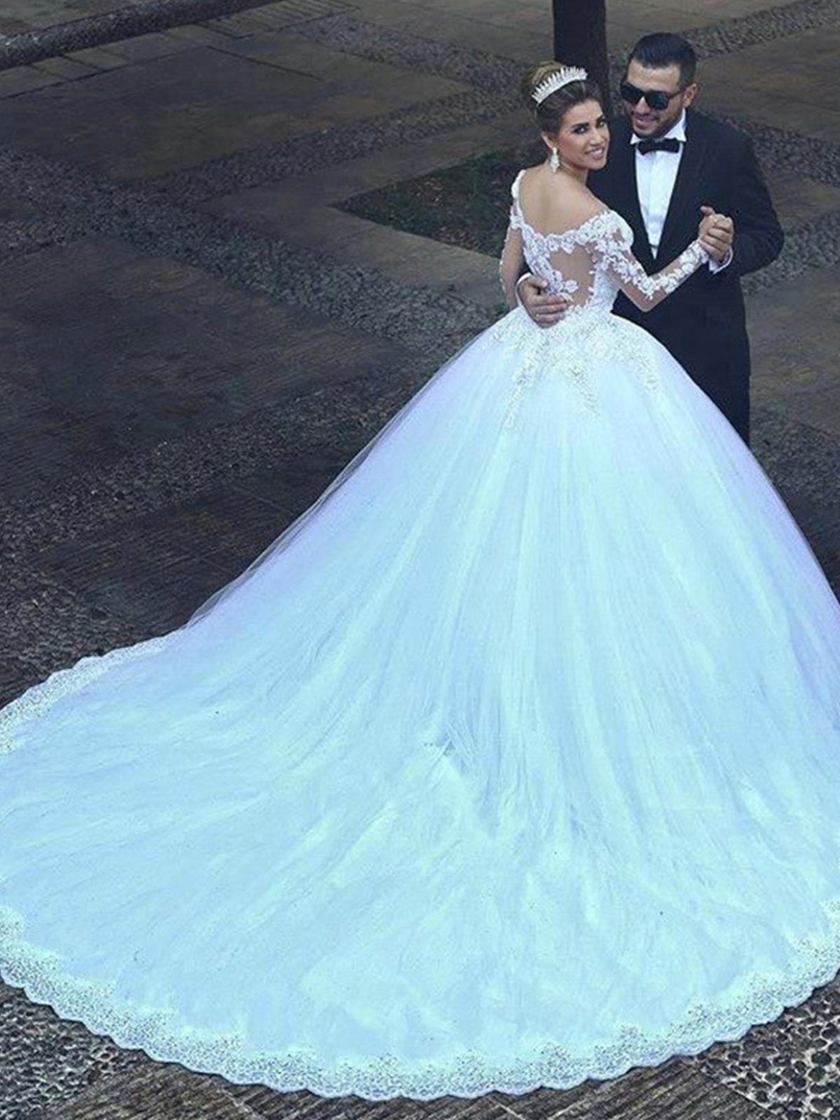 Off The Shoulder Long Sleeve Lace Appliques Ball Gown Wedding Dress with Cathedral Train