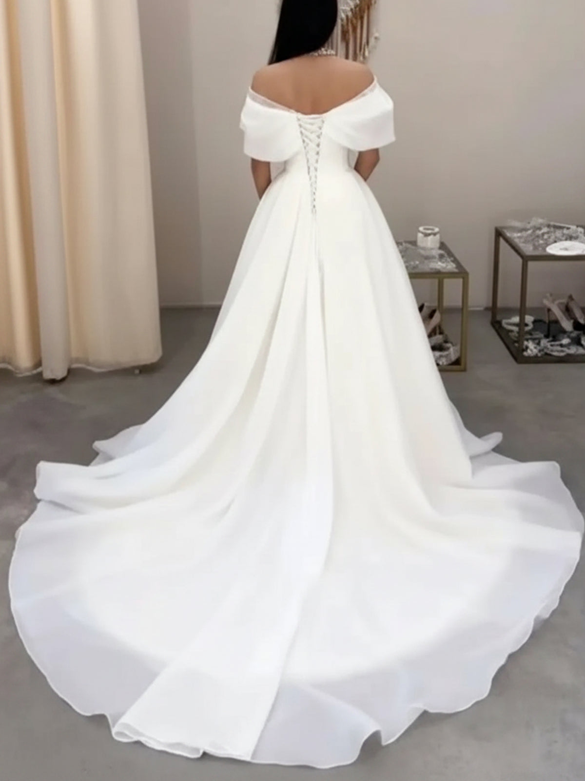 Off The Shoulder A-Line Ball Gown Satin Wedding Dress Bridal Gown