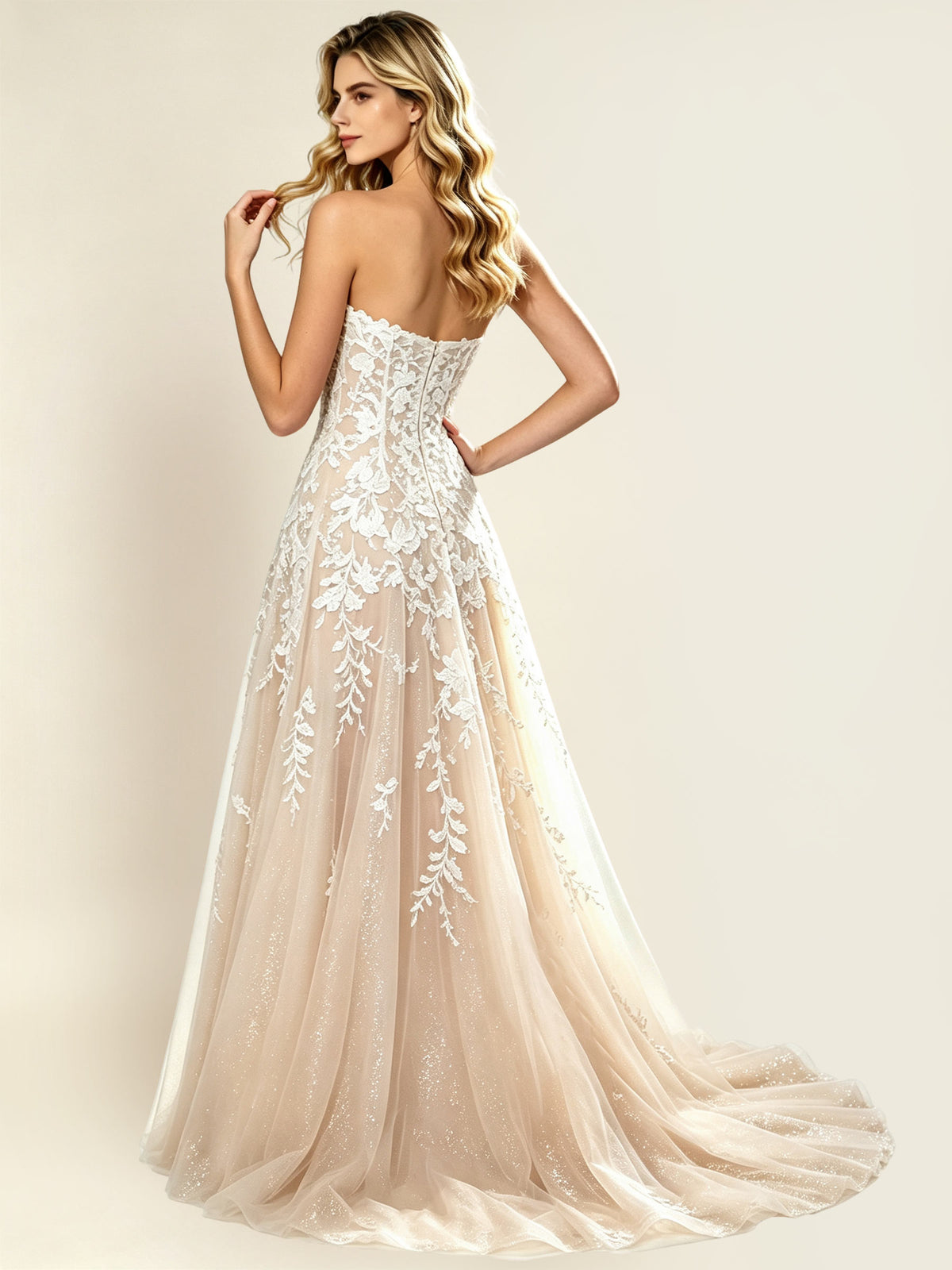 Strapless Floral Lace A?Line Wedding Gown With Glitter Tulle
