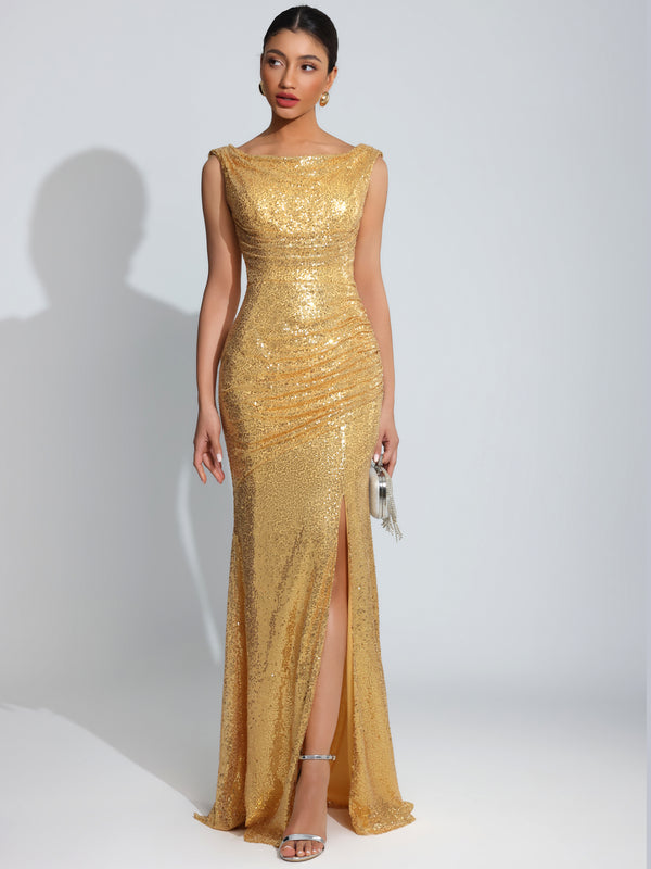 Sparkly Bateau Mermaid Ruched Sequin Long Formal Dress with Slit