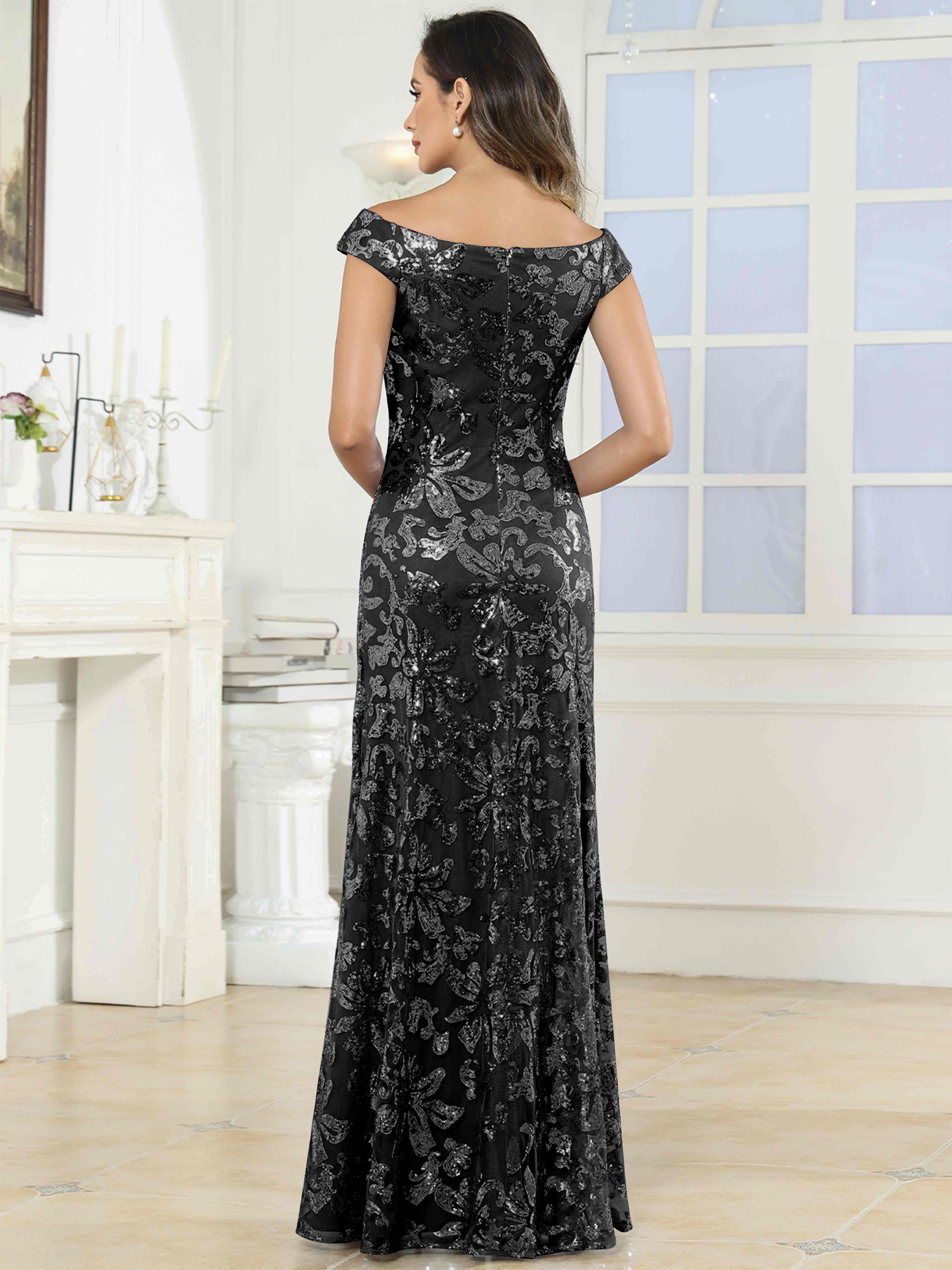 ROVDESY Off-The-Shoulder Mermaid Sequin Mother Of The Bride Dress Formal Gown