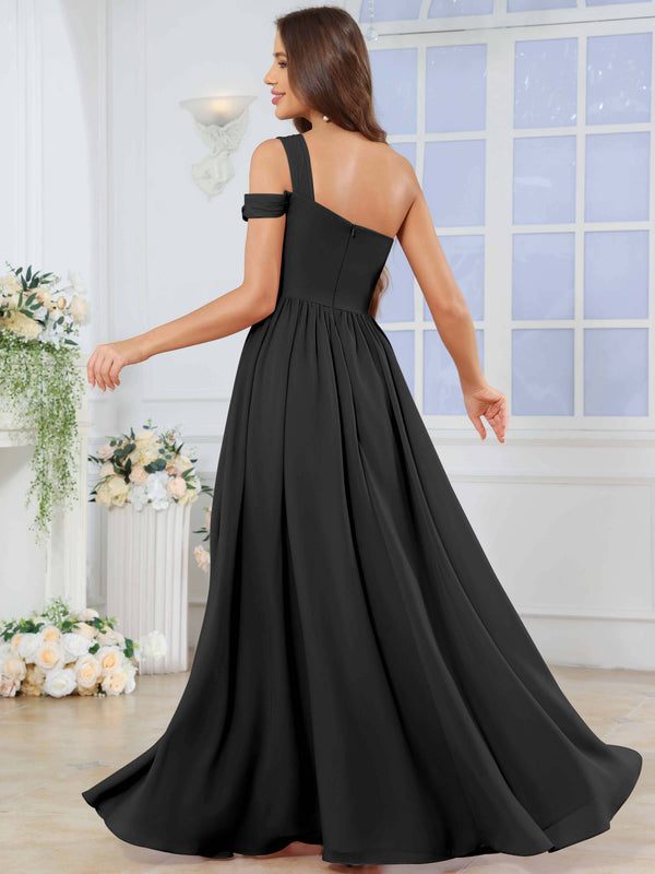 One Shoulder Pleated Chiffon Bridesmaid Dress With Slit