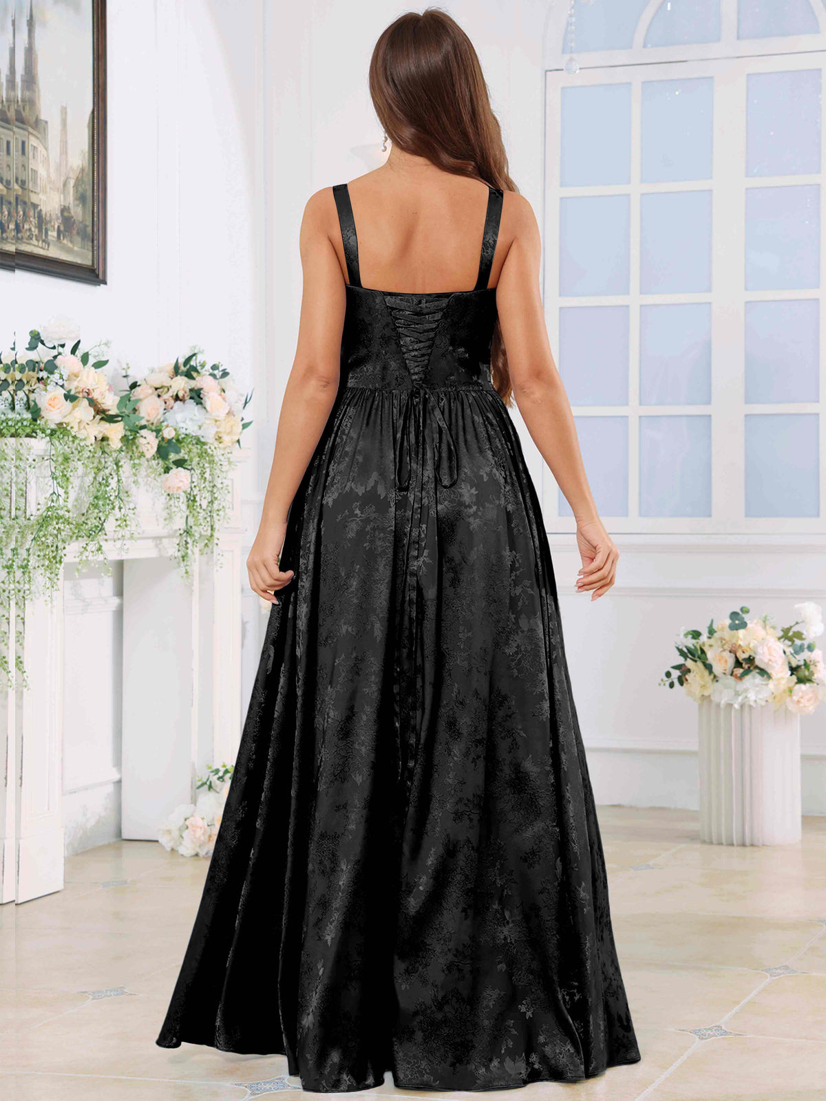 ROVDESY A-Line Spaghetti Straps Pleated Jacquard Satin Bridesmaid/Prom Dress With Slit
