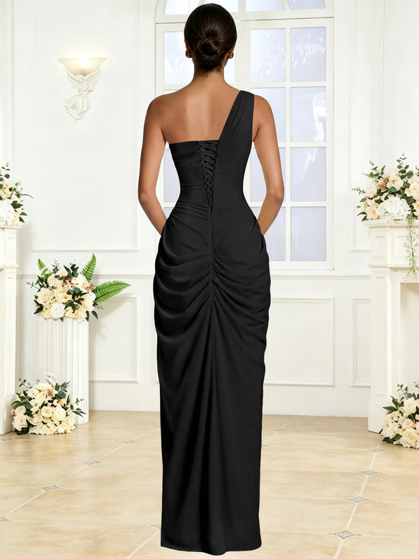 One Shoulder Chiffon Mermaid Long Bridesmaid Dress with Slit
