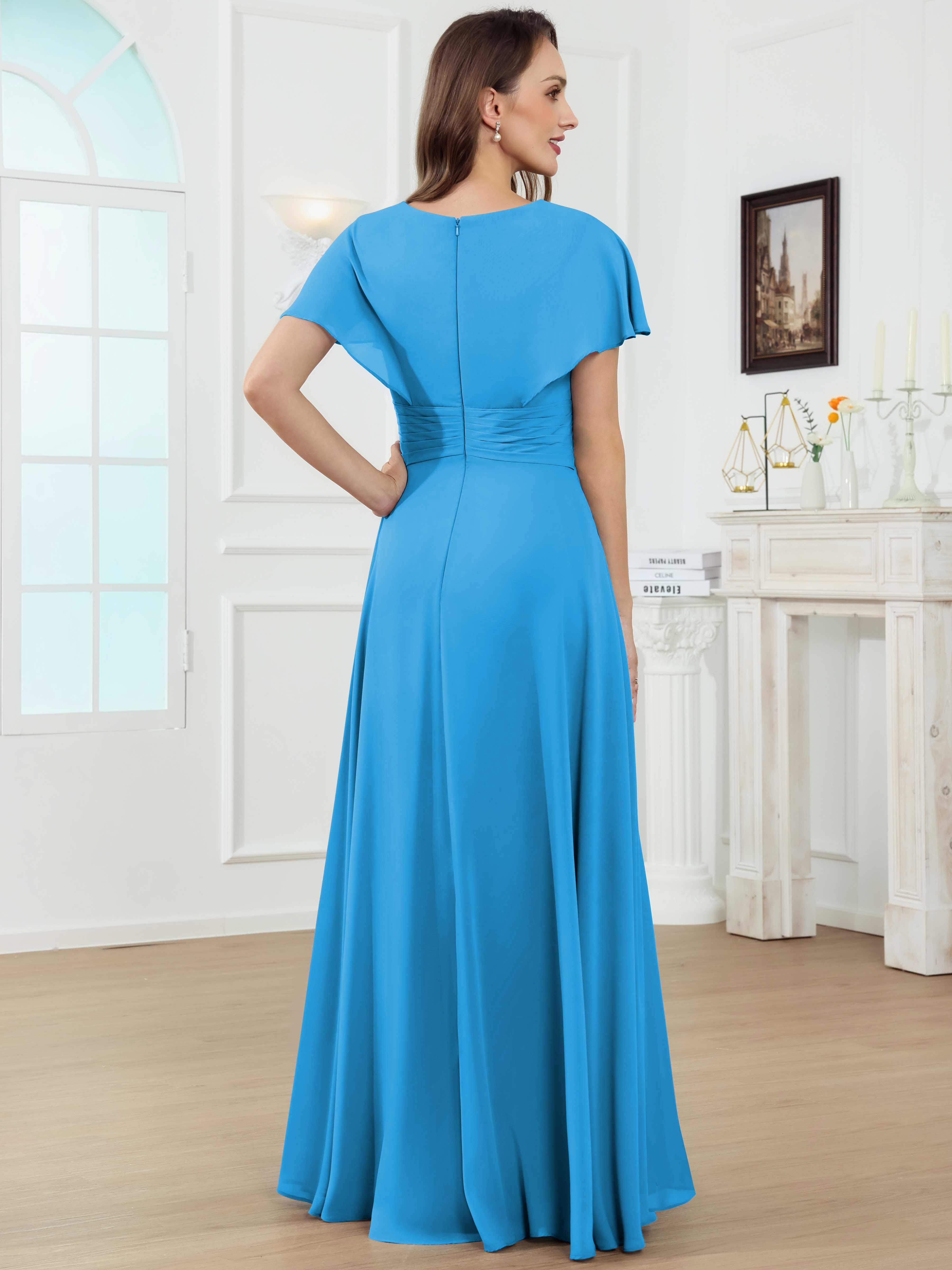 ROVDESY A-Line V-Neck Pleated Lace Chiffon Mother Of The Bride Dress With Short Sleeves