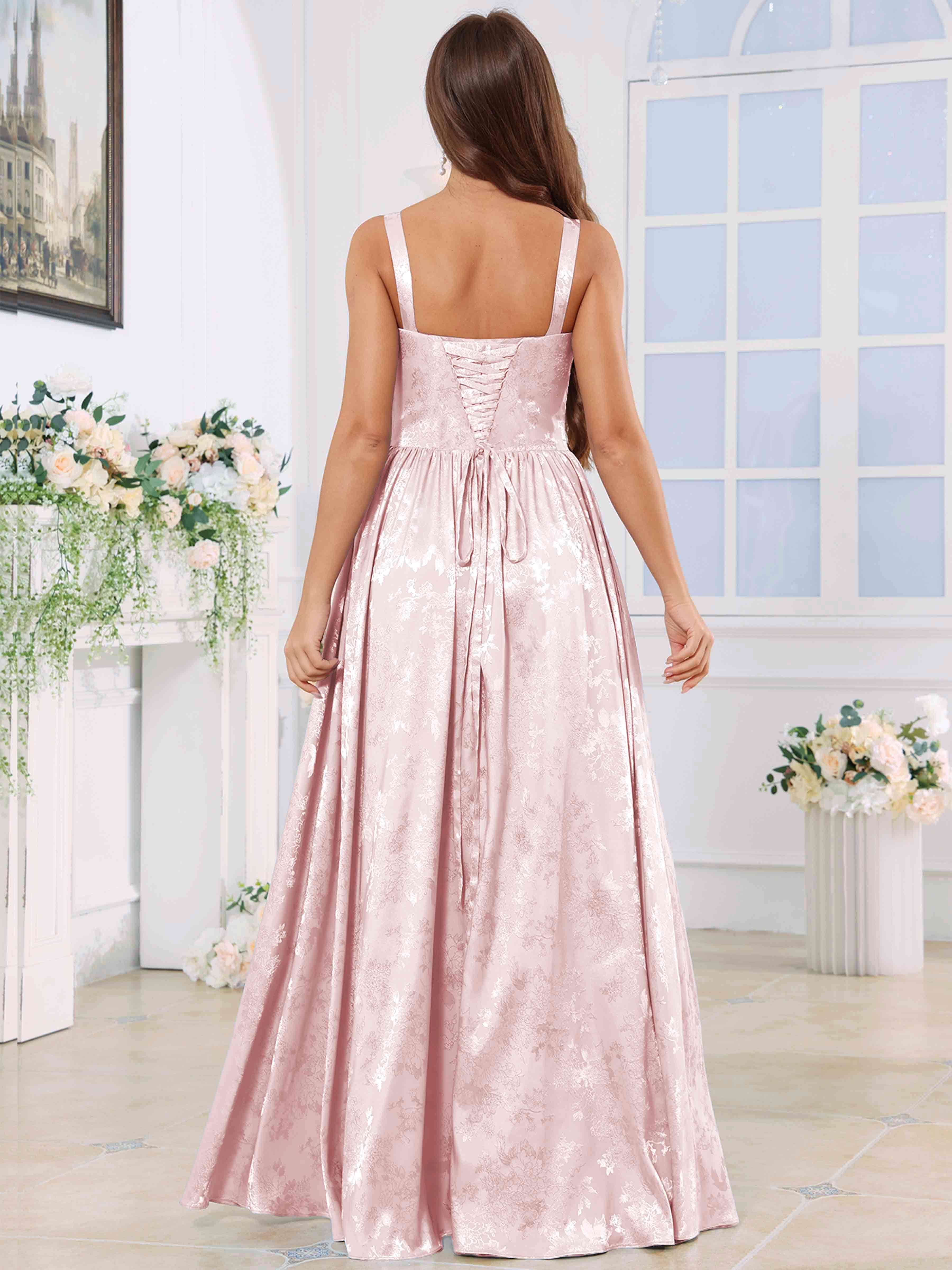 ROVDESY A-Line Spaghetti Straps Pleated Jacquard Satin Bridesmaid/Prom Dress With Slit