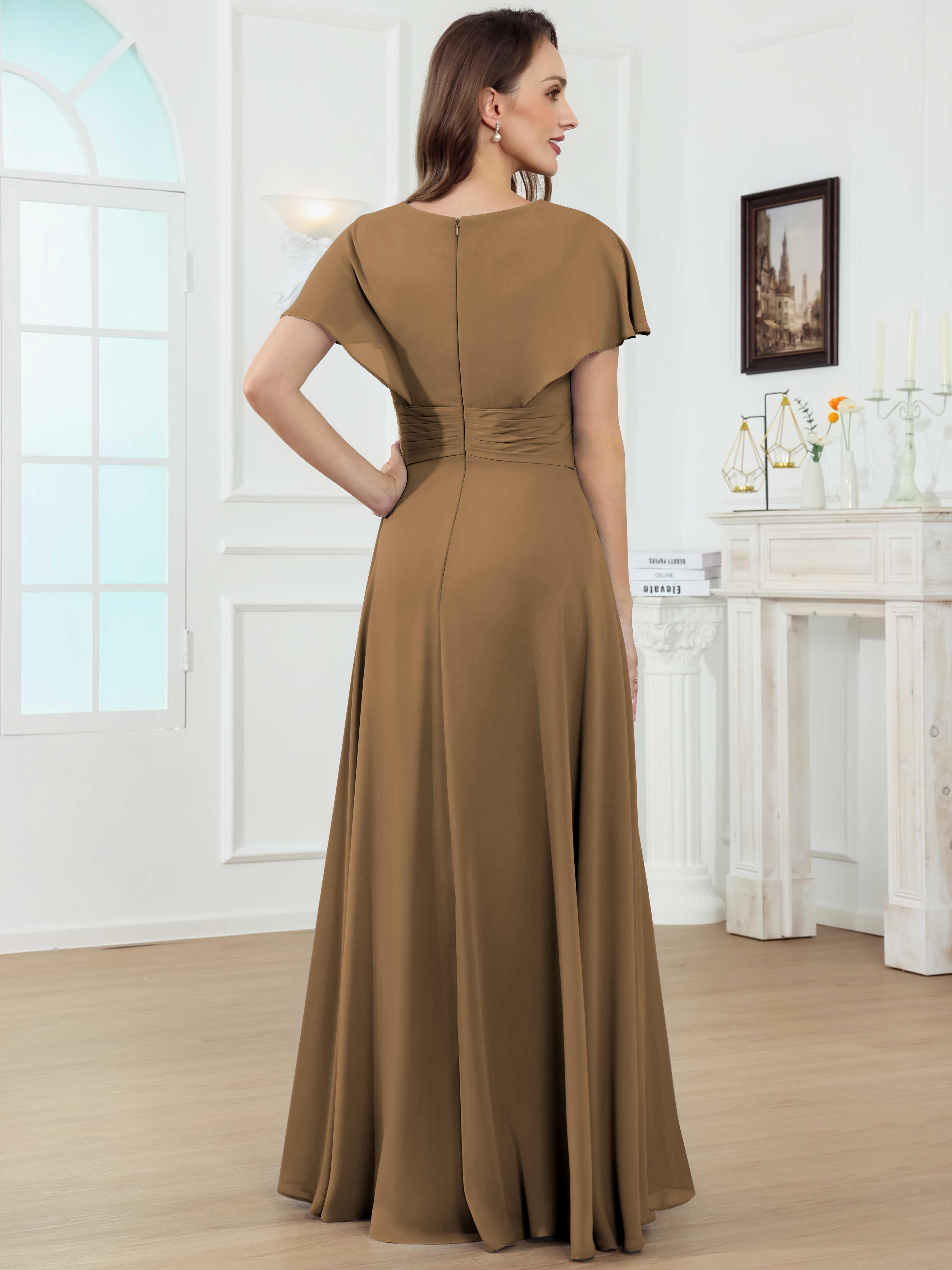 ROVDESY A-Line V-Neck Pleated Lace Chiffon Mother Of The Bride Dress With Short Sleeves