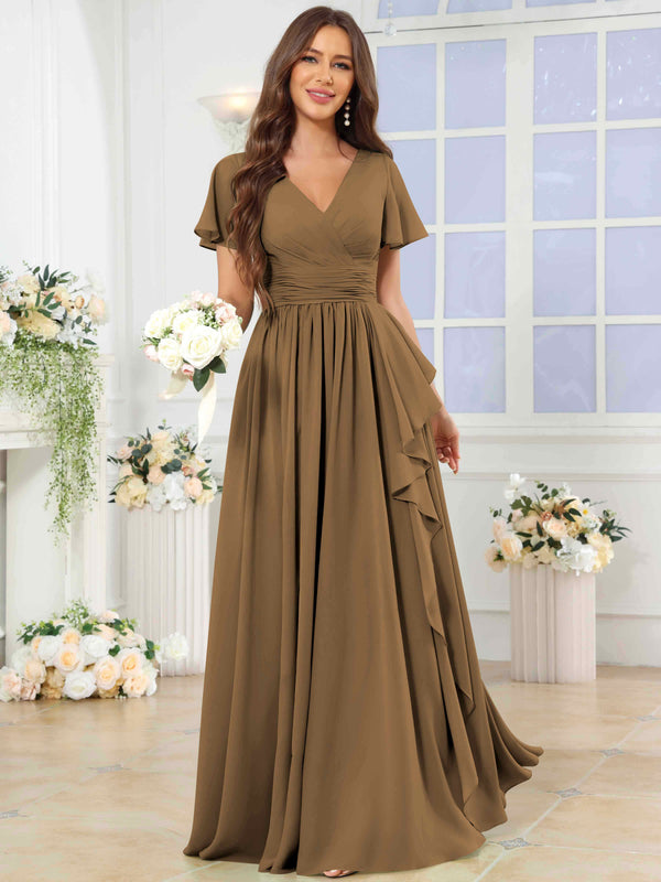 A-Line V-Neck Slit Pleated Ruffle Chiffon Bridesmaid Dress With Short Sleeves