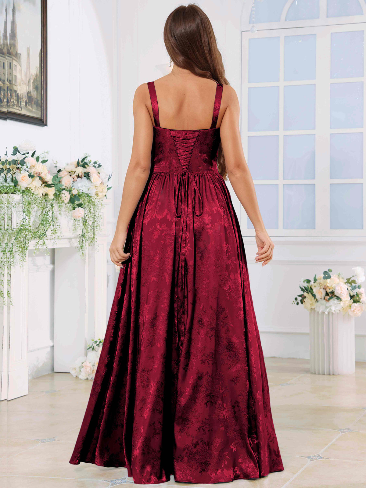 ROVDESY A-Line Spaghetti Straps Pleated Jacquard Satin Bridesmaid/Prom Dress With Slit