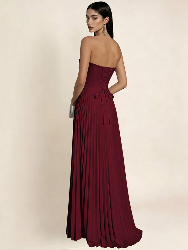 Strapless Satin Pleated A Line Bridesmaid Prom Dress