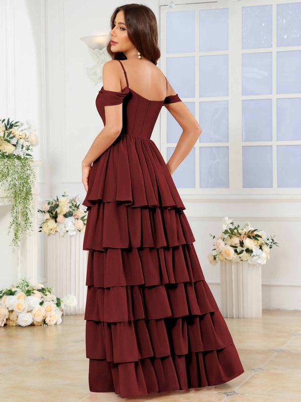 A-Line Off The Shoulder Tiered Chiffon Bridesmaid/Prom Dress With Slit