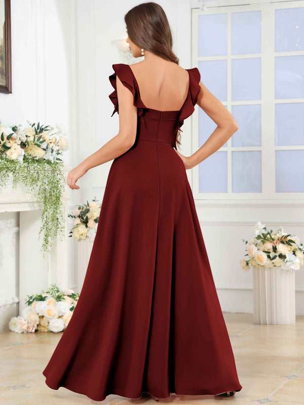 Square Neck Ruffle Chffion Bridesmaid Dress With Slit