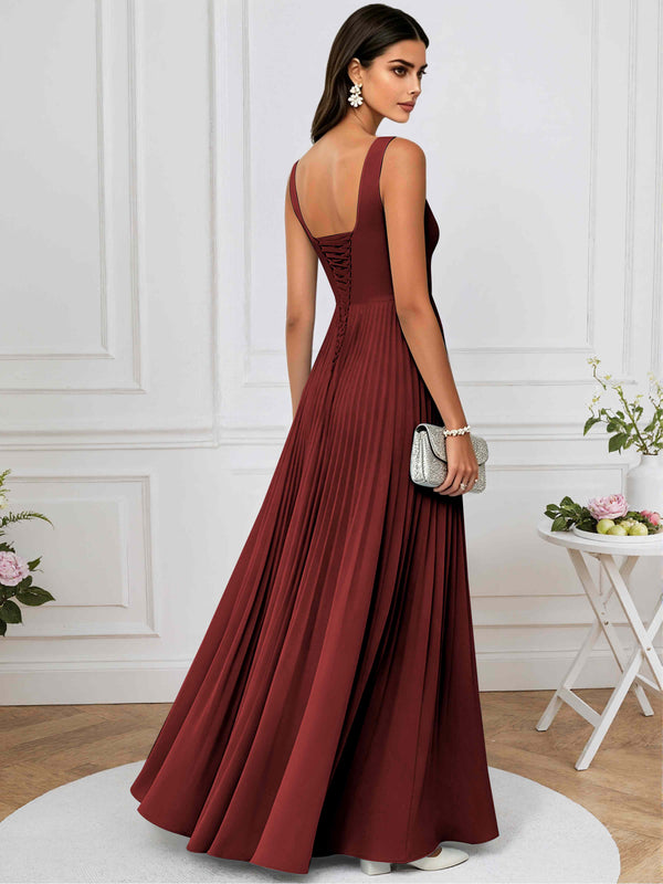A-Line Square Neck Pleated Chiffon Long Bridesmaid/Prom Dress