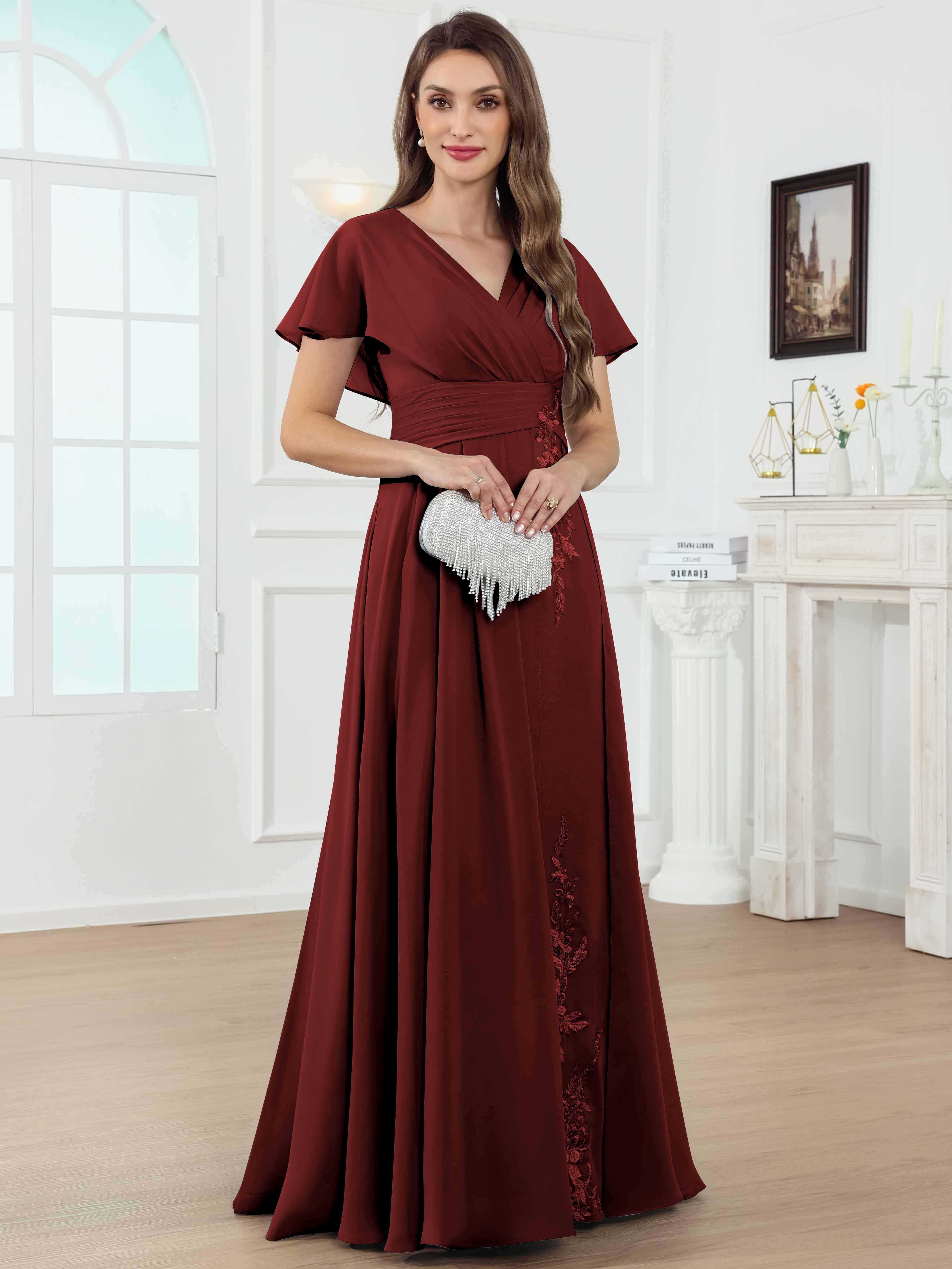 ROVDESY A-Line V-Neck Pleated Lace Chiffon Mother Of The Bride Dress With Short Sleeves